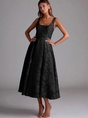 Azazie Amalie Black A-Line Pleated Floral Burnout Dress (Size 8)